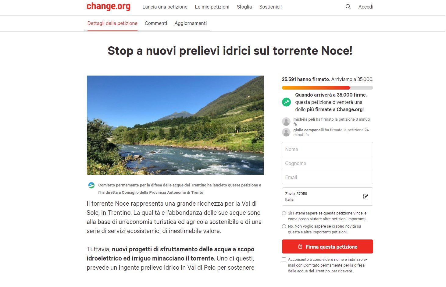 Un fiume di firme per salvare il Noce