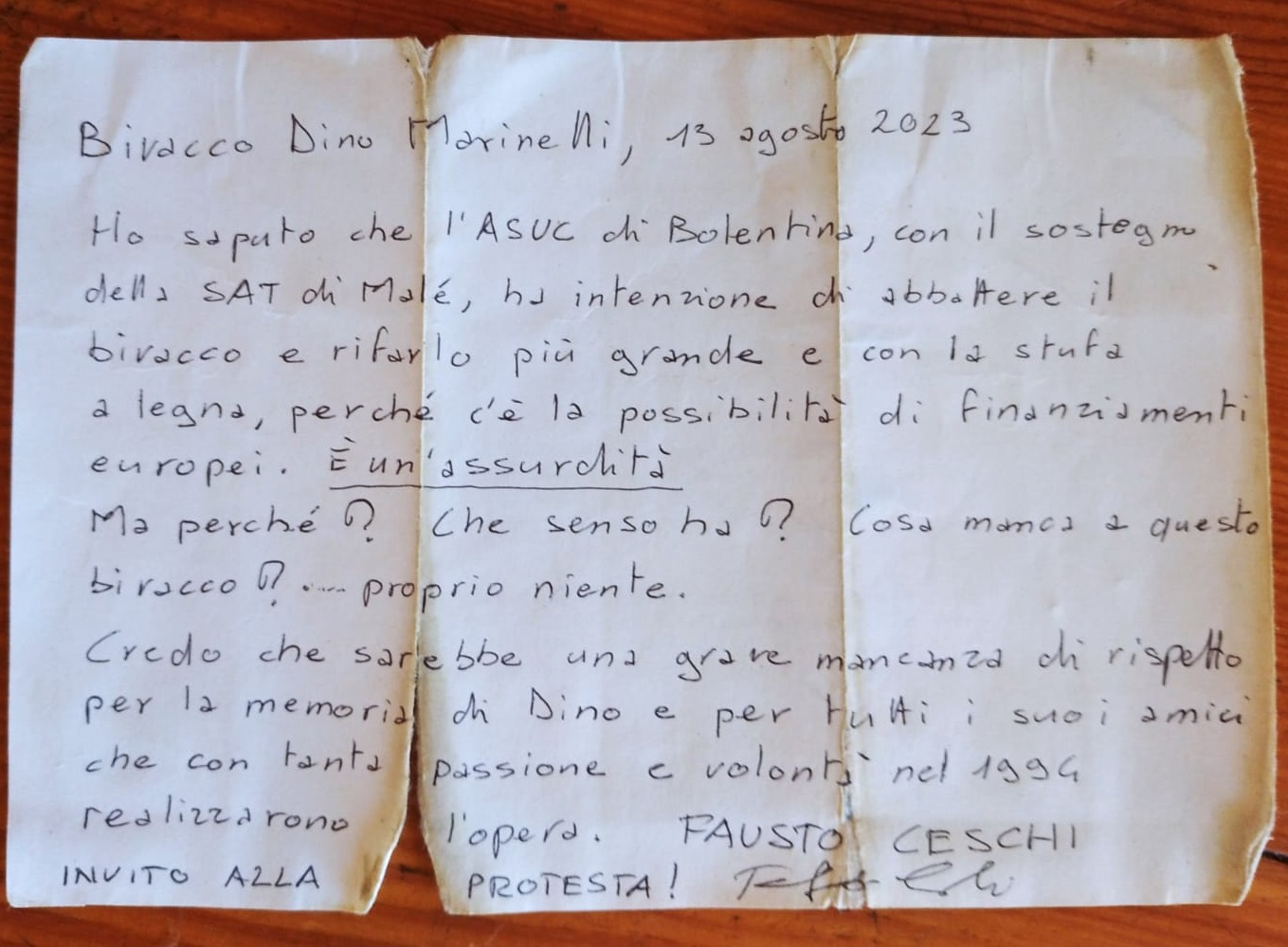 Bivacco Marinelli: Fausto Ceschi "invita alla protesta"